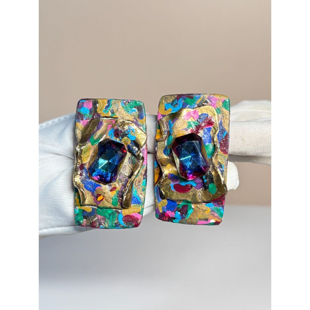Vintage Clip On Earrings Abstract Paint Blue Stone 2.15"